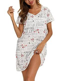 ENJOYNIGHT Nachthemd Damen Kurzarm Baumwolle Schlafshirt Sommer Sleepshirt Kurz Nachtwäsche Nachtkleid Weiche Schlafhemd (Small,Schnee) von ENJOYNIGHT