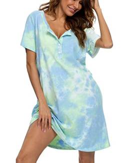 ENJOYNIGHT Nachthemd Damen Kurzarm Stillnachthemd Schlafshirt Sommer Kurz Sleepshirt Knopfleiste Nachtwäsche (Medium,Blau) von ENJOYNIGHT