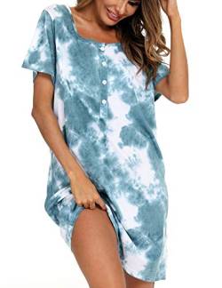 ENJOYNIGHT Nachthemd Damen Kurzarm Stillnachthemd Schlafshirt Sommer Kurz Sleepshirt Knopfleiste Nachtwäsche (XX-Large,Dunkelgrün) von ENJOYNIGHT