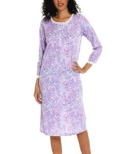 ENJOYNIGHT Nachthemd Damen Langarm Baumwolle Schlafshirt Knopfleiste Sleepshirt Weich Nachtwäsche (Large,Lila) von ENJOYNIGHT