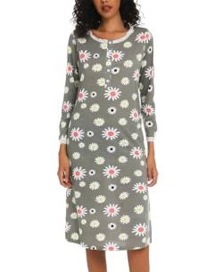 ENJOYNIGHT Nachthemd Damen Langarm Baumwolle Schlafshirt Knopfleiste Sleepshirt Weich Nachtwäsche (X-Large,Graue Blume) von ENJOYNIGHT