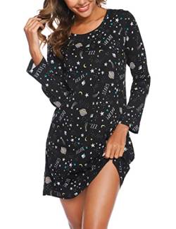 ENJOYNIGHT Nachthemd Damen Langarm Baumwolle Schlafshirt Print Sleepshirt Frauen Nachtwäsche Nachtkleid(3X-Large,Schwarzer Mondstern) von ENJOYNIGHT