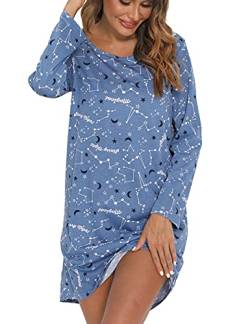 ENJOYNIGHT Nachthemd Damen Langarm Baumwolle Schlafshirt Print Sleepshirt Frauen Nachtwäsche Nachtkleid(Large,Blauer Stern) von ENJOYNIGHT