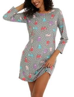 ENJOYNIGHT Nachthemd Damen Langarm Baumwolle Schlafshirt Print Sleepshirt Frauen Nachtwäsche Nachtkleid(Large,Graue Katze) von ENJOYNIGHT