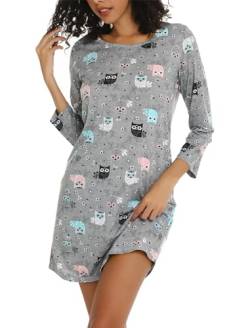 ENJOYNIGHT Nachthemd Damen Langarm Baumwolle Schlafshirt Print Sleepshirt Frauen Nachtwäsche Nachtkleid(Medium,Graue Eule) von ENJOYNIGHT