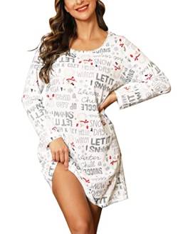 ENJOYNIGHT Nachthemd Damen Langarm Baumwolle Schlafshirt Print Sleepshirt Frauen Nachtwäsche Nachtkleid(Medium,Weißer Schnee) von ENJOYNIGHT