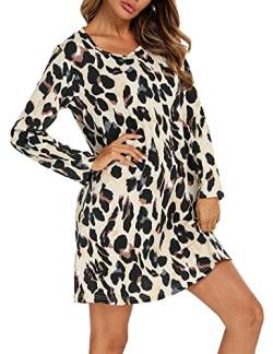 ENJOYNIGHT Nachthemd Damen Langarm Baumwolle Schlafshirt Print Sleepshirt Frauen Nachtwäsche Nachtkleid(X-Large,Leichter Leopard) von ENJOYNIGHT