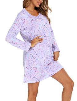 ENJOYNIGHT Nachthemd Damen Langarm Baumwolle Schlafshirt Print Sleepshirt Frauen Nachtwäsche Nachtkleid(XX-Large,Lila) von ENJOYNIGHT