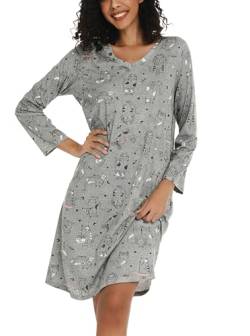 ENJOYNIGHT Nachthemd Damen Langarm V-Ausschnitt Baumwolle Schlafshirt Frauen Weiche Schlafhemd Nachtwäsche mit Taschen (Medium,Grau-Katze) von ENJOYNIGHT