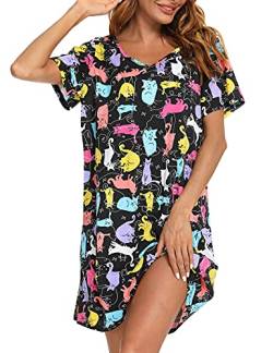 ENJOYNIGHT Nachthemd Damen Sommer Baumwolle Schlafshirt Printed Kurzarm Sleepshirt T-Shirt Schlafhemd Frauen Nachtwäsche Nachtkleid(Large-X-Large,Farben Katze) von ENJOYNIGHT