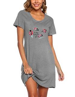 ENJOYNIGHT Nachthemd Damen Sommer Baumwolle Schlafshirt Printed Kurzarm Sleepshirt T-Shirt Schlafhemd Frauen Nachtwäsche Nachtkleid(Large-X-Large,Grauer Marienkäfer) von ENJOYNIGHT