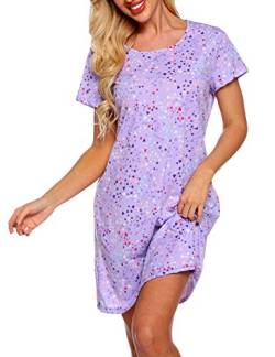 ENJOYNIGHT Nachthemd Damen Sommer Baumwolle Schlafshirt Printed Kurzarm Sleepshirt T-Shirt Schlafhemd Frauen Nachtwäsche Nachtkleid(Large-X-Large,Lila) von ENJOYNIGHT