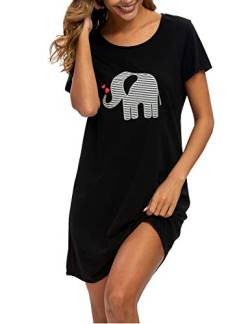 ENJOYNIGHT Nachthemd Damen Sommer Baumwolle Schlafshirt Printed Kurzarm Sleepshirt T-Shirt Schlafhemd Frauen Nachtwäsche Nachtkleid(Large-X-Large,Schwarz) von ENJOYNIGHT