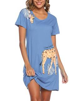 ENJOYNIGHT Nachthemd Damen Sommer Baumwolle Schlafshirt Printed Kurzarm Sleepshirt T-Shirt Schlafhemd Frauen Nachtwäsche Nachtkleid(Small-Medium,Blaue Giraffe) von ENJOYNIGHT