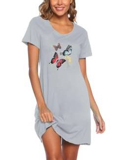 ENJOYNIGHT Nachthemd Damen Sommer Baumwolle Schlafshirt Printed Kurzarm Sleepshirt T-Shirt Schlafhemd Frauen Nachtwäsche Nachtkleid(Small-Medium,Blauer Schmetterling) von ENJOYNIGHT