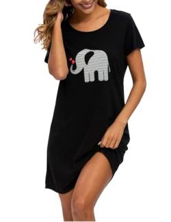 ENJOYNIGHT Nachthemd Damen Sommer Baumwolle Schlafshirt Printed Kurzarm Sleepshirt T-Shirt Schlafhemd Frauen Nachtwäsche Nachtkleid(Small-Medium,Schwarz) von ENJOYNIGHT