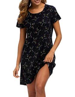 ENJOYNIGHT Nachthemd Damen Sommer Baumwolle Schlafshirt Printed Kurzarm Sleepshirt T-Shirt Schlafhemd Frauen Nachtwäsche Nachtkleid(Small-Medium,Schwarze Katze) von ENJOYNIGHT