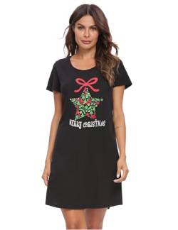 ENJOYNIGHT Nachthemd Damen Sommer Baumwolle Schlafshirt Printed Kurzarm Sleepshirt T-Shirt Schlafhemd Frauen Nachtwäsche Nachtkleid(Small-Medium,Weihnachten) von ENJOYNIGHT