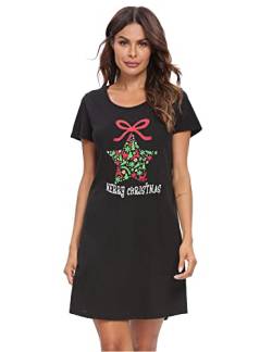 ENJOYNIGHT Nachthemd Damen Sommer Baumwolle Schlafshirt Printed Kurzarm Sleepshirt T-Shirt Schlafhemd Frauen Nachtwäsche Nachtkleid(XX-Large,Weihnachten) von ENJOYNIGHT