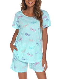 ENJOYNIGHT Schlafanzug Damen Kurz Pyjama Set Baumwolle Kurzarm Top und Kurze Hose Zweiteiliger Nachtwäsche Sommer Hausanzug Loungewear (Large,Blauer Schmetterling) von ENJOYNIGHT