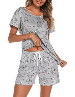 ENJOYNIGHT Schlafanzug Damen Kurz Pyjama Set Baumwolle Kurzarm Top und Kurze Hose Zweiteiliger Nachtwäsche Sommer Hausanzug Loungewear (Large,Graue Katze) von ENJOYNIGHT
