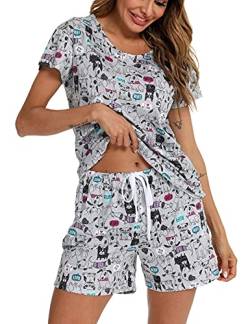 ENJOYNIGHT Schlafanzug Damen Kurz Pyjama Set Baumwolle Kurzarm Top und Kurze Hose Zweiteiliger Nachtwäsche Sommer Hausanzug Loungewear (Large,Grauer Hund) von ENJOYNIGHT