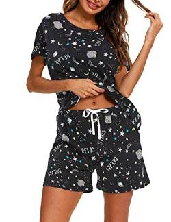 ENJOYNIGHT Schlafanzug Damen Kurz Pyjama Set Baumwolle Kurzarm Top und Kurze Hose Zweiteiliger Nachtwäsche Sommer Hausanzug Loungewear (Large,Schwarzer Mondstern) von ENJOYNIGHT