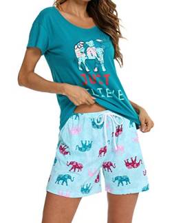 ENJOYNIGHT Schlafanzug Damen Kurz Pyjama Set Baumwolle Kurzarm Top und Kurze Hose Zweiteiliger Nachtwäsche Sommer Hausanzug Loungewear (Medium,Grüner Elefant) von ENJOYNIGHT