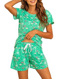 ENJOYNIGHT Schlafanzug Damen Kurz Pyjama Set Baumwolle Kurzarm Top und Kurze Hose Zweiteiliger Nachtwäsche Sommer Hausanzug Loungewear (Medium,Grüner Flamingo) von ENJOYNIGHT