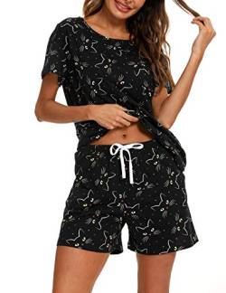 ENJOYNIGHT Schlafanzug Damen Kurz Pyjama Set Baumwolle Kurzarm Top und Kurze Hose Zweiteiliger Nachtwäsche Sommer Hausanzug Loungewear (Medium,Schwarze Katze) von ENJOYNIGHT