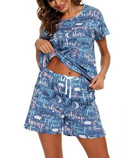 ENJOYNIGHT Schlafanzug Damen Kurz Pyjama Set Baumwolle Kurzarm Top und Kurze Hose Zweiteiliger Nachtwäsche Sommer Hausanzug Loungewear (Small,Blau) von ENJOYNIGHT