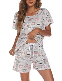 ENJOYNIGHT Schlafanzug Damen Kurz Pyjama Set Baumwolle Kurzarm Top und Kurze Hose Zweiteiliger Nachtwäsche Sommer Hausanzug Loungewear (Small,Graue Tasse) von ENJOYNIGHT