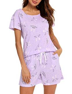 ENJOYNIGHT Schlafanzug Damen Kurz Pyjama Set Baumwolle Kurzarm Top und Kurze Hose Zweiteiliger Nachtwäsche Sommer Hausanzug Loungewear (X-Large,Lila Häschen) von ENJOYNIGHT