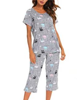 ENJOYNIGHT Schlafanzug Damen Kurz Pyjama Set Baumwolle Nachtwäsche Kurzarm-Top und 3/4 Lange Hose Hausanzug Sommer Sleepwear (3X-Large,Graue Eule) von ENJOYNIGHT