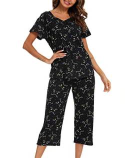 ENJOYNIGHT Schlafanzug Damen Kurz Pyjama Set Baumwolle Nachtwäsche Kurzarm-Top und 3/4 Lange Hose Hausanzug Sommer Sleepwear (3X-Large,Schwarze Katze) von ENJOYNIGHT