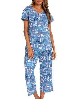 ENJOYNIGHT Schlafanzug Damen Kurz Pyjama Set Baumwolle Nachtwäsche Kurzarm-Top und 3/4 Lange Hose Hausanzug Sommer Sleepwear (Large,Blau) von ENJOYNIGHT