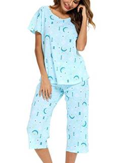 ENJOYNIGHT Schlafanzug Damen Kurz Pyjama Set Baumwolle Nachtwäsche Kurzarm-Top und 3/4 Lange Hose Hausanzug Sommer Sleepwear (Large,Blauer Mond) von ENJOYNIGHT