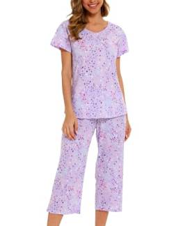 ENJOYNIGHT Schlafanzug Damen Kurz Pyjama Set Baumwolle Nachtwäsche Kurzarm-Top und 3/4 Lange Hose Hausanzug Sommer Sleepwear (Large,Lila) von ENJOYNIGHT