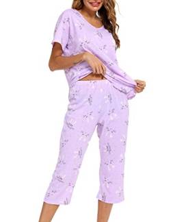 ENJOYNIGHT Schlafanzug Damen Kurz Pyjama Set Baumwolle Nachtwäsche Kurzarm-Top und 3/4 Lange Hose Hausanzug Sommer Sleepwear (Large,Lila Häschen) von ENJOYNIGHT