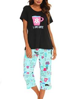 ENJOYNIGHT Schlafanzug Damen Kurz Pyjama Set Baumwolle Nachtwäsche Kurzarm-Top und 3/4 Lange Hose Hausanzug Sommer Sleepwear (Large,Schwarze Tasse) von ENJOYNIGHT