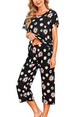 ENJOYNIGHT Schlafanzug Damen Kurz Pyjama Set Baumwolle Nachtwäsche Kurzarm-Top und 3/4 Lange Hose Hausanzug Sommer Sleepwear (Medium,Schwarze Blume) von ENJOYNIGHT
