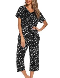 ENJOYNIGHT Schlafanzug Damen Kurz Pyjama Set Baumwolle Nachtwäsche Kurzarm-Top und 3/4 Lange Hose Hausanzug Sommer Sleepwear (Medium,Schwarze Stern) von ENJOYNIGHT