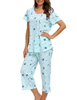 ENJOYNIGHT Schlafanzug Damen Kurz Pyjama Set Baumwolle Nachtwäsche Kurzarm-Top und 3/4 Lange Hose Hausanzug Sommer Sleepwear (X-Large,Blaue Sterne) von ENJOYNIGHT