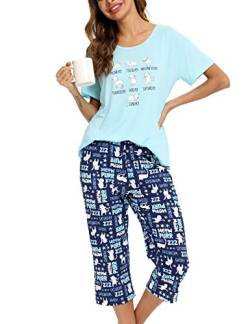 ENJOYNIGHT Schlafanzug Damen Kurz Pyjama Set Baumwolle Nachtwäsche Kurzarm-Top und 3/4 Lange Hose Hausanzug Sommer Sleepwear (X-Large,Weiße Katze) von ENJOYNIGHT