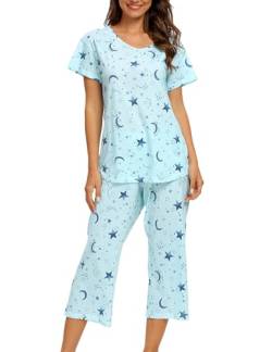 ENJOYNIGHT Schlafanzug Damen Kurz Pyjama Set Baumwolle Nachtwäsche Kurzarm-Top und 3/4 Lange Hose Hausanzug Sommer Sleepwear (XX-Large,Blaue Sterne) von ENJOYNIGHT