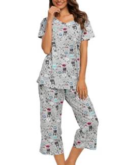 ENJOYNIGHT Schlafanzug Damen Kurz Pyjama Set Baumwolle Nachtwäsche Kurzarm-Top und 3/4 Lange Hose Hausanzug Sommer Sleepwear (XX-Large,Grauer Hund) von ENJOYNIGHT