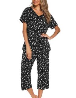 ENJOYNIGHT Schlafanzug Damen Kurz Pyjama Set Baumwolle Nachtwäsche Kurzarm-Top und 3/4 Lange Hose Hausanzug Sommer Sleepwear (XX-Large,Schwarze Stern) von ENJOYNIGHT