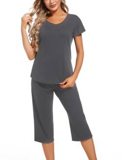 ENJOYNIGHT Schlafanzug Damen Kurz Pyjama Set Kurzarm Top mit 3/4 Lang Schlafhose Zweiteiliger Nachtwäsche S-3XL (3X-Large,Einfarbig-Dunkelgrau) von ENJOYNIGHT