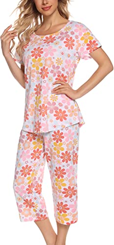 ENJOYNIGHT Schlafanzug Damen Kurz Pyjama Set Kurzarm Top mit 3/4 Lang Schlafhose Zweiteiliger Nachtwäsche S-3XL (3X-Large,Rosa Blume) von ENJOYNIGHT