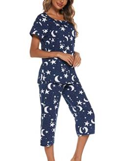 ENJOYNIGHT Schlafanzug Damen Kurz Pyjama Set Kurzarm Top mit 3/4 Lang Schlafhose Zweiteiliger Nachtwäsche S-3XL (Large,Dunkelblaue-Sterne) von ENJOYNIGHT